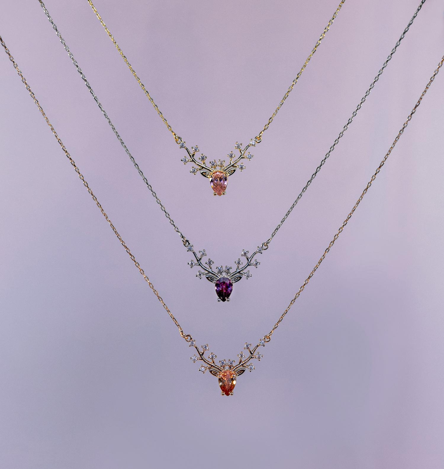 Personalized Birthstone Deer Antler Necklace • Sterling Silver Diamond Accent  • Custom Wildlife Antler Pendant • Gift for Deer Lovers