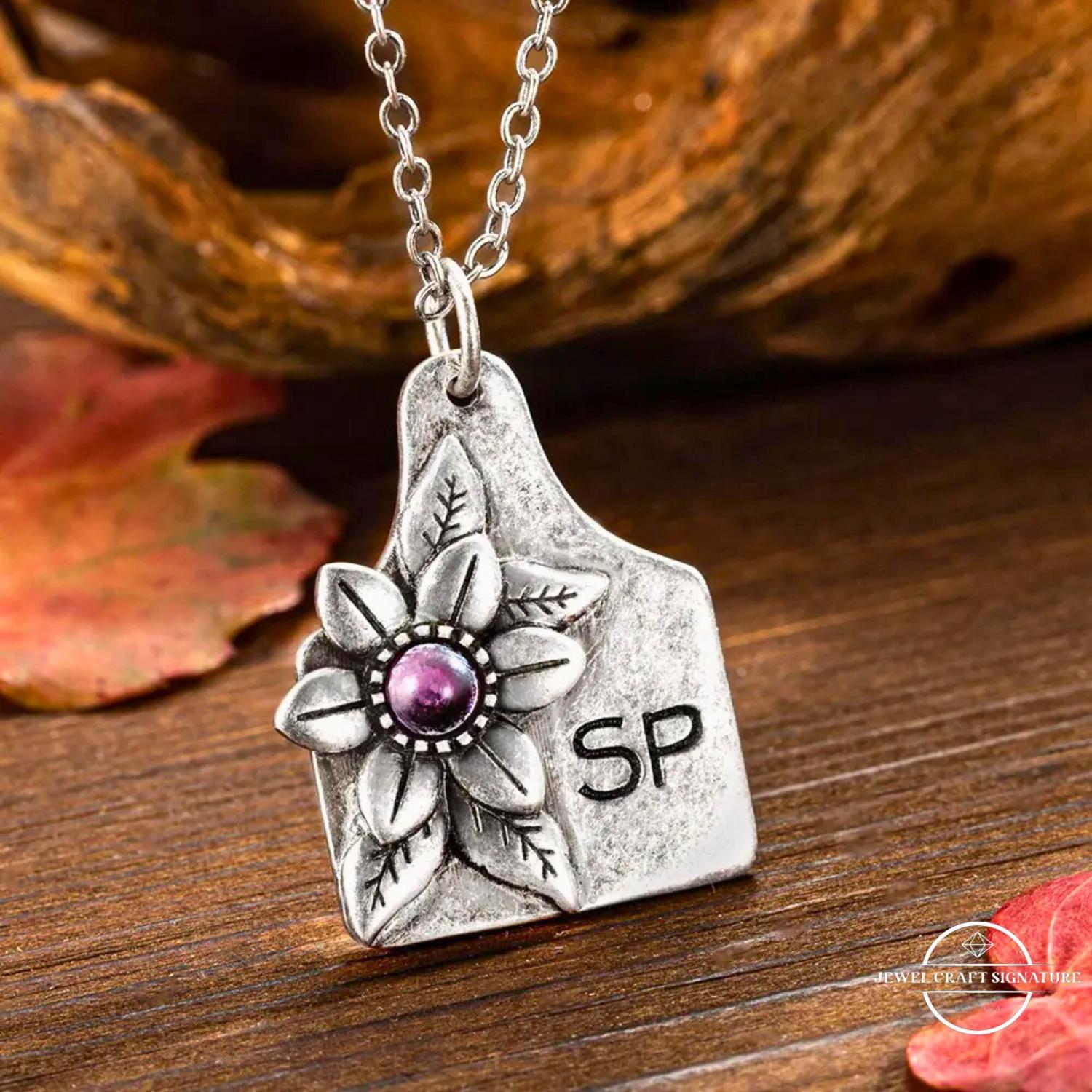 Custom Cow Tag Birthstone Necklace with Name or Logo, Personalized Mother of Pearl Cattle Tag Necklace, Cowgirl Jewelry Gifts for Women/Wife