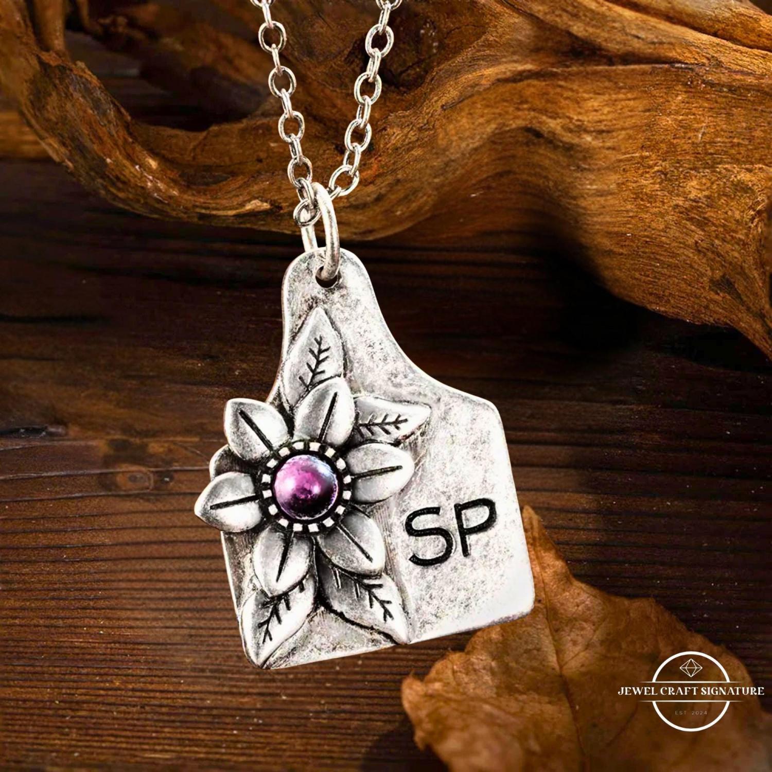 Custom Cow Tag Birthstone Necklace with Name or Logo, Personalized Mother of Pearl Cattle Tag Necklace, Cowgirl Jewelry Gifts for Women/Wife