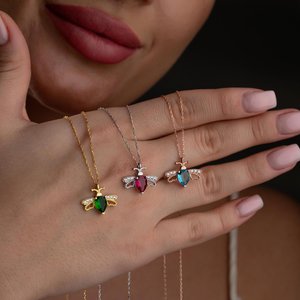 Bee Birthstone Necklace, Gold Insect Pendant: Bee Lover Gift