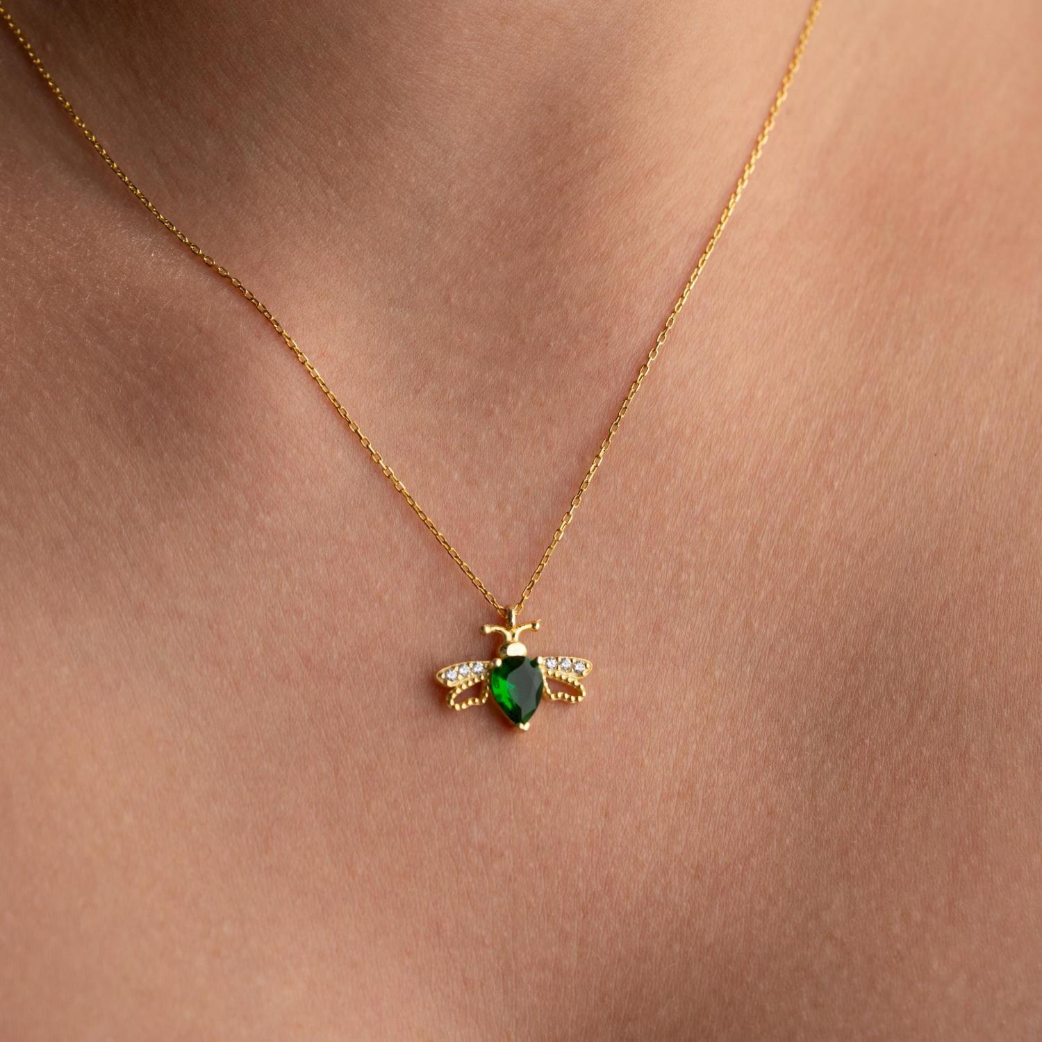 Bee Birthstone Necklace, Gold Insect Pendant: Bee Lover Gift