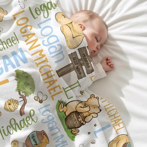 Personalized Classic Pooh Baby Blanket, Custom Storybook Honey Bear Baby Name Blanket, Baby Shower Gift